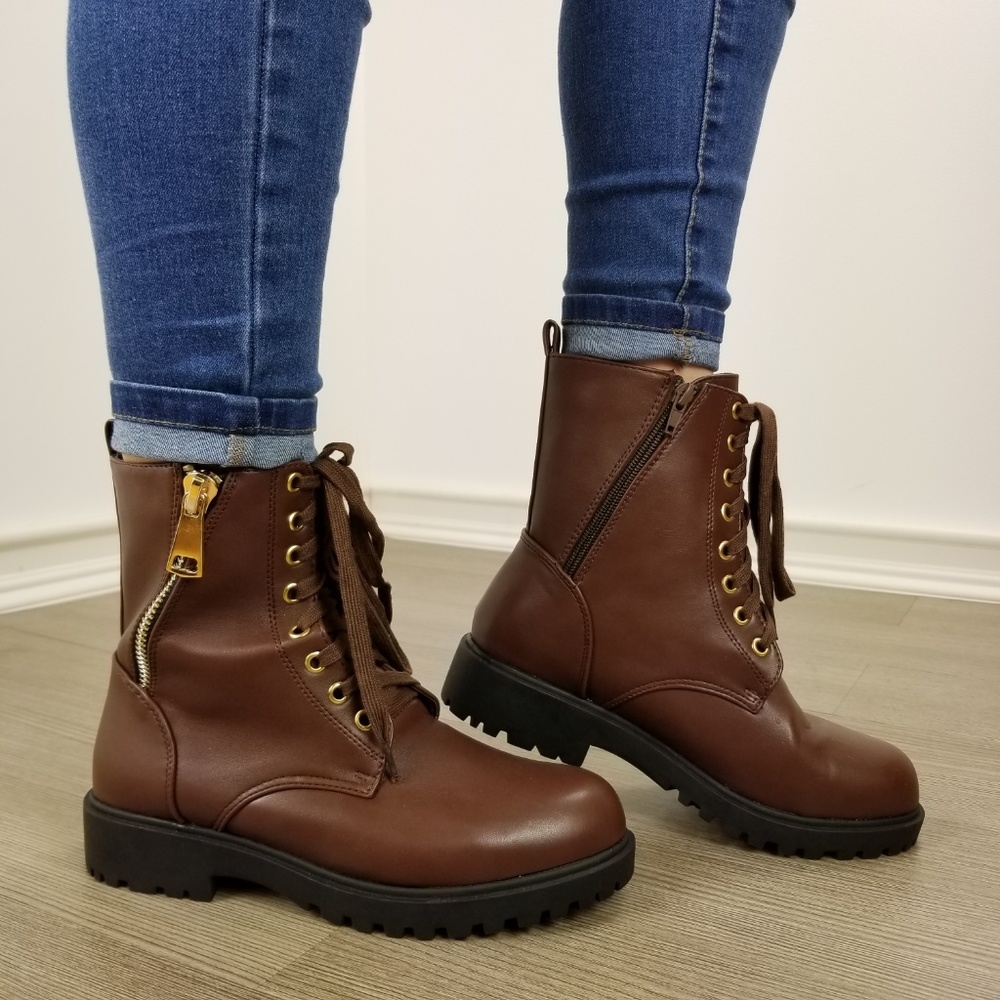 Faux leather brown laced up combat boots - Picture 2 of 8
